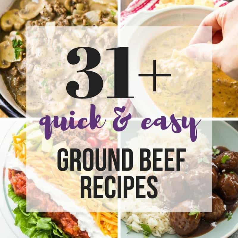 four images of ground beef recipes in a collage with title in black and purple text