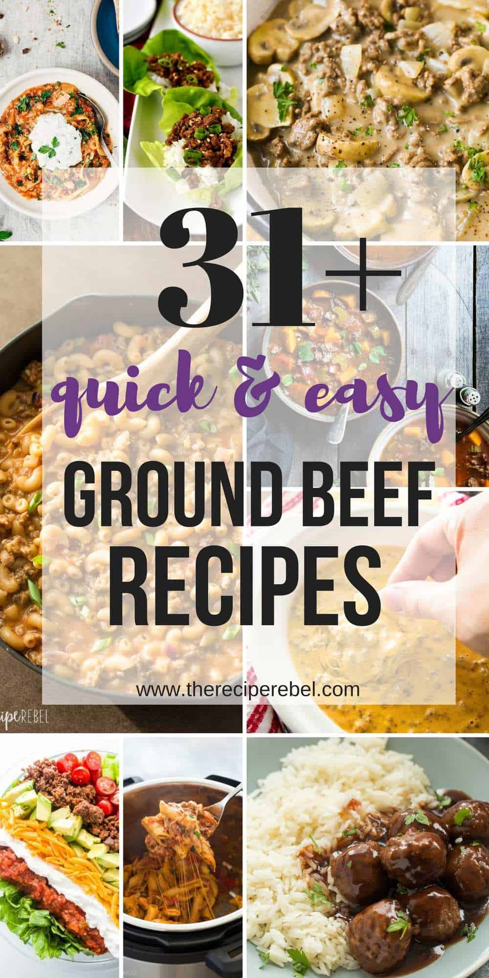 quick and easy ground beef recipes collage with multiple images and black and purple text