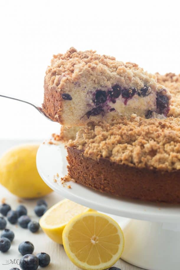 This Lemon Blueberry Cream Cheese Coffee Cake is a soft, moist lemon coffee cake filled with cream cheese and blueberries and topped with a ridiculous amount of crumb topping! The only way to eat coffee cake!
