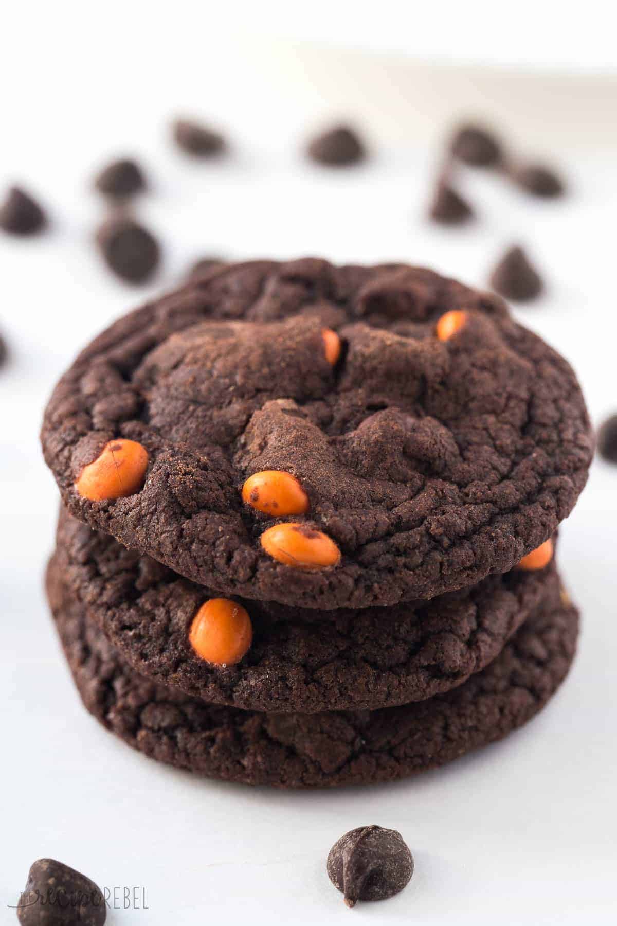 close up stack of reeses pieces double chocolate cookies