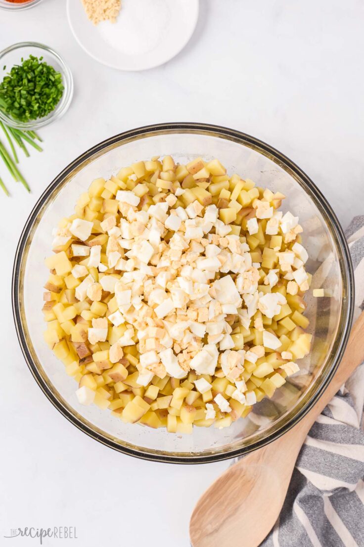 hard boiled eggs added to potatoes for salad