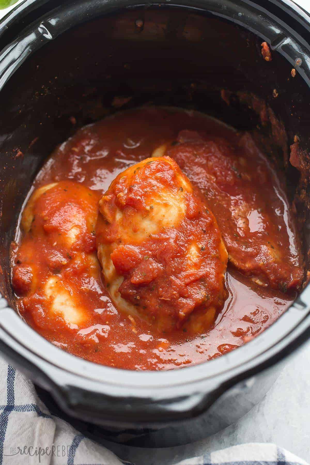 chicken breasts in slow cooker with fire roasted crushed tomatoes