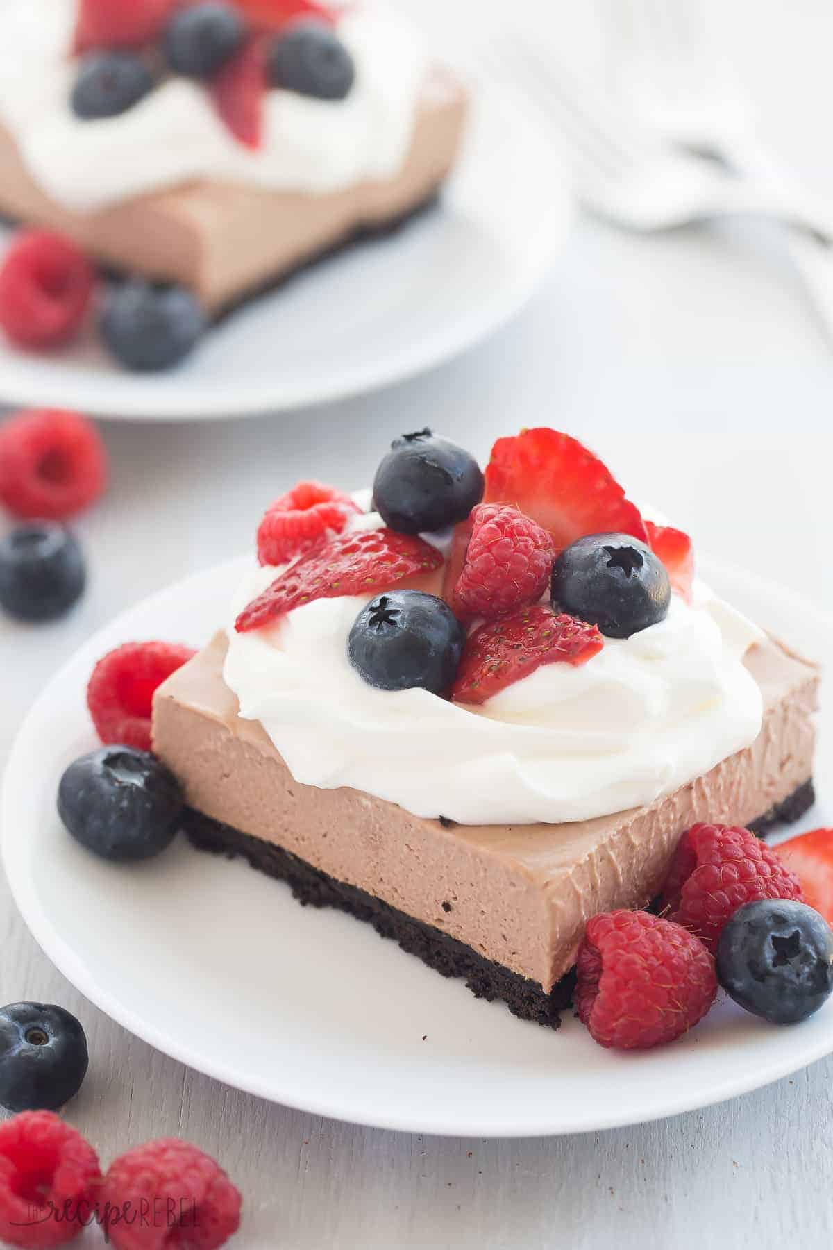 These No Bake Chocolate Nutella Cheesecake Bars are SO easy and perfect for topping with fresh berries! Rich, creamy and no oven required! thereciperebel.com