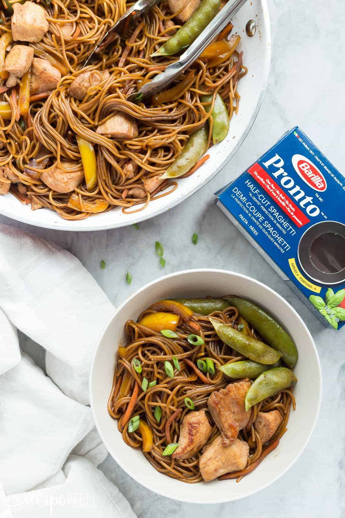 overhead image of teriyaki chicken and noodles in bowl and pan with barilla pronto spaghetti