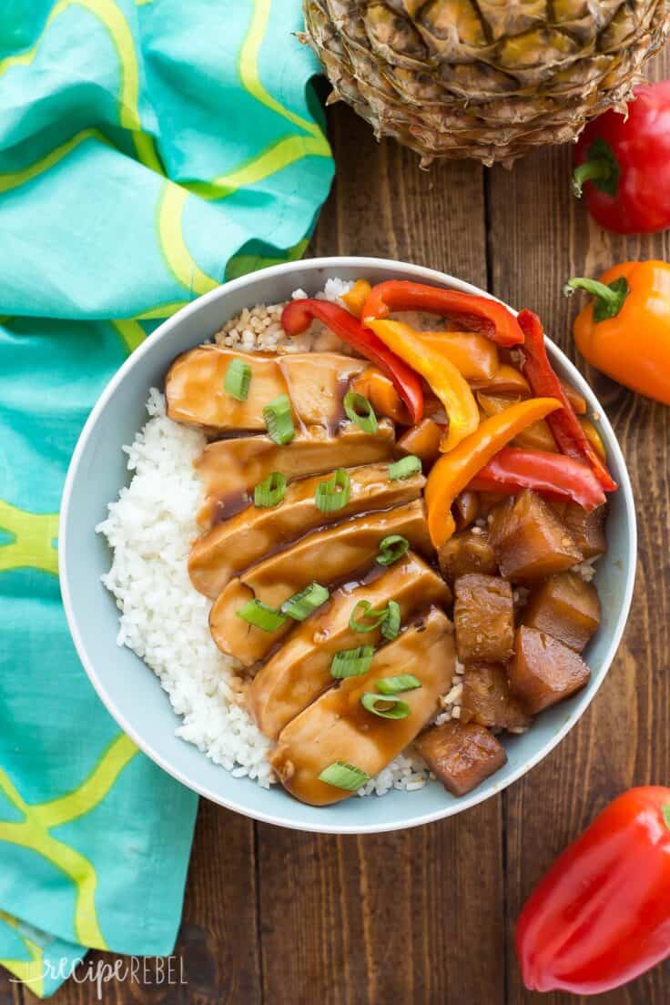 slow cooker hawaiian chicken rice bowls overhead with turquoise towel