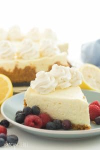 A smooth, extra creamy No Bake Lemon Cheesecake made with lemon juice and lemon zest and no artificial flavors! It's firm enough to stand up to being cut and is even great frozen! Includes step by step recipe video | no bake cheesecake | no bake dessert | lemon dessert | easy recipe