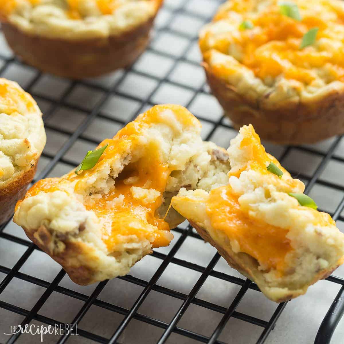 leftover mashed potato puffs broken in half to reveal cheesy center