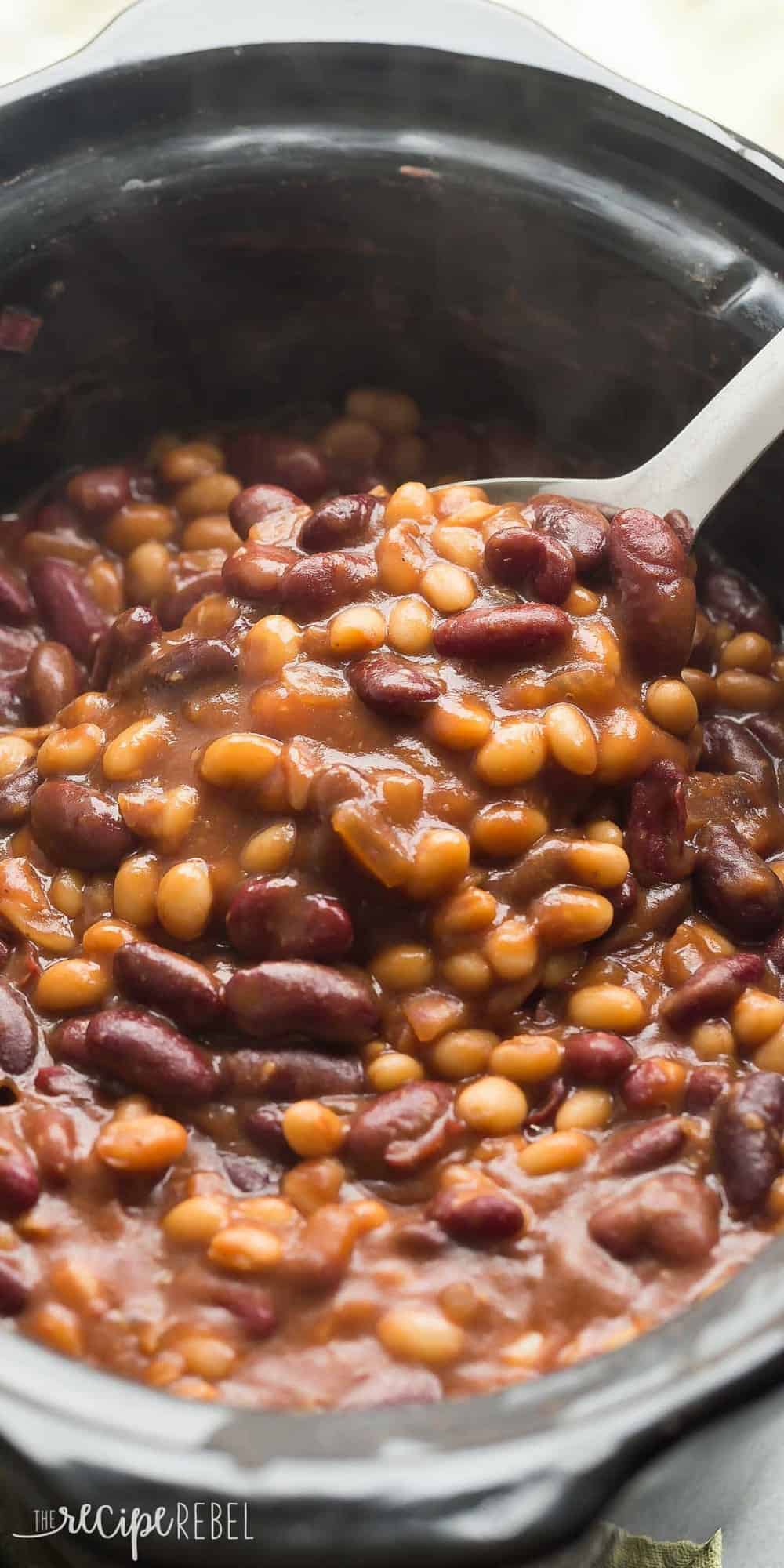 healthier slow cooker maple balsamic baked beans