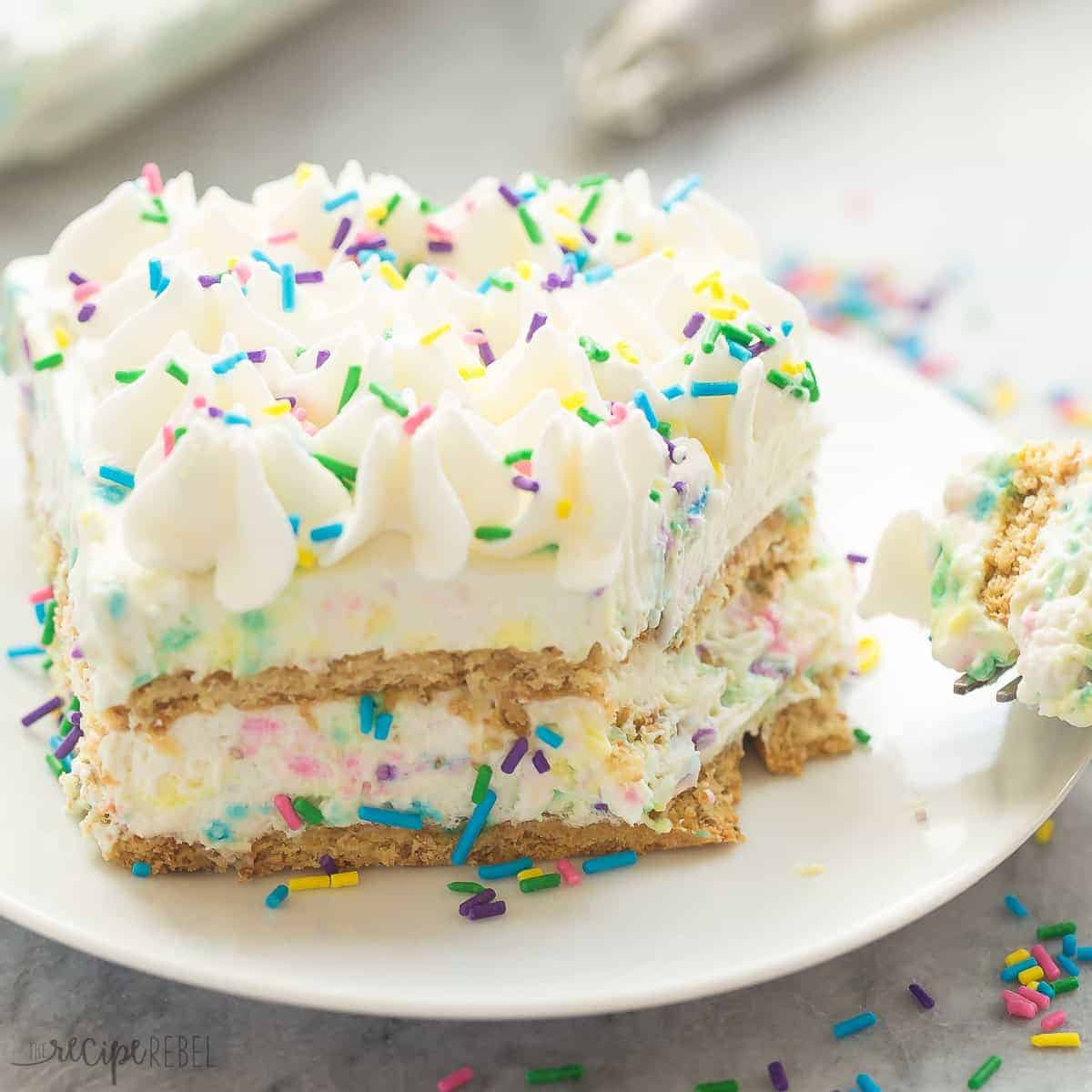 square image of funfetti icebox cake with bite taken