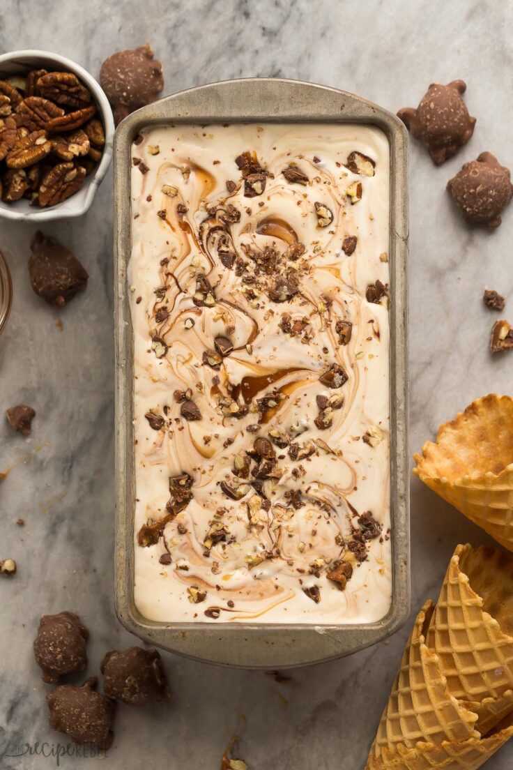 overhead image of turtle ice cream in loaf pan