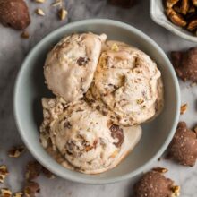 overhead image of a bowl with three scoops of turtle ice cream