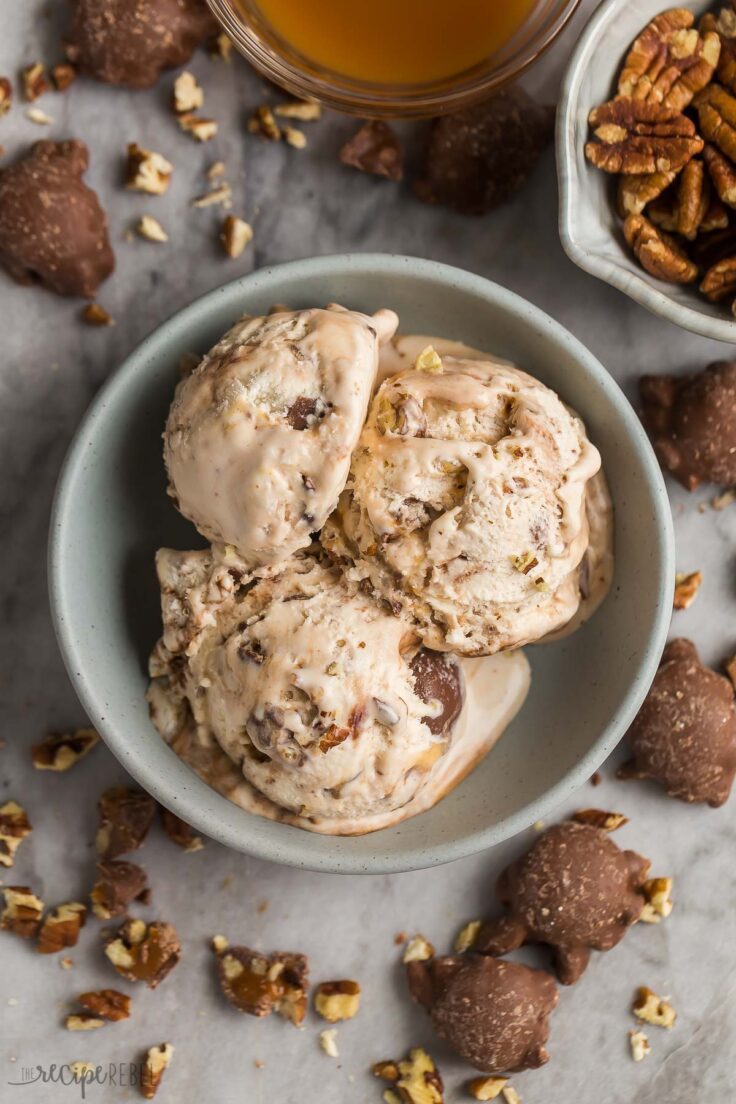 overhead image of a bowl with three scoops of turtle ice cream