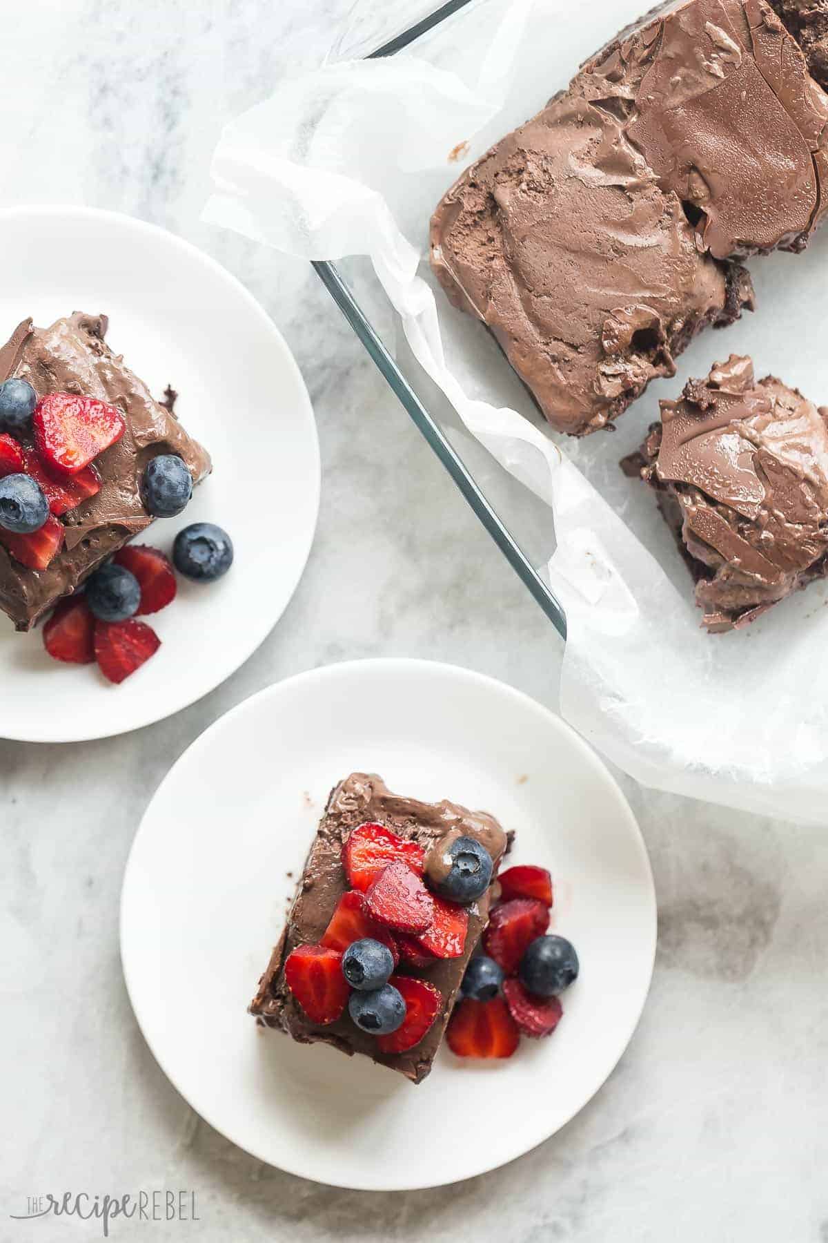 overhead image of two plates with frozen chocolate truffle bars and the pan on the side