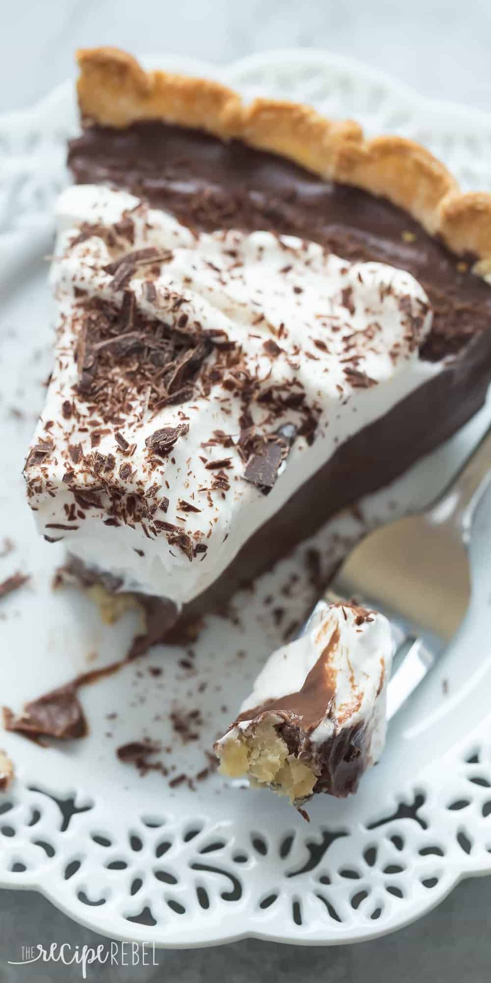 close up image of piece of dark chocolate pudding pie with bite on fork