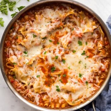 overhead image of healthier skillet lasagna in stainless steel pan