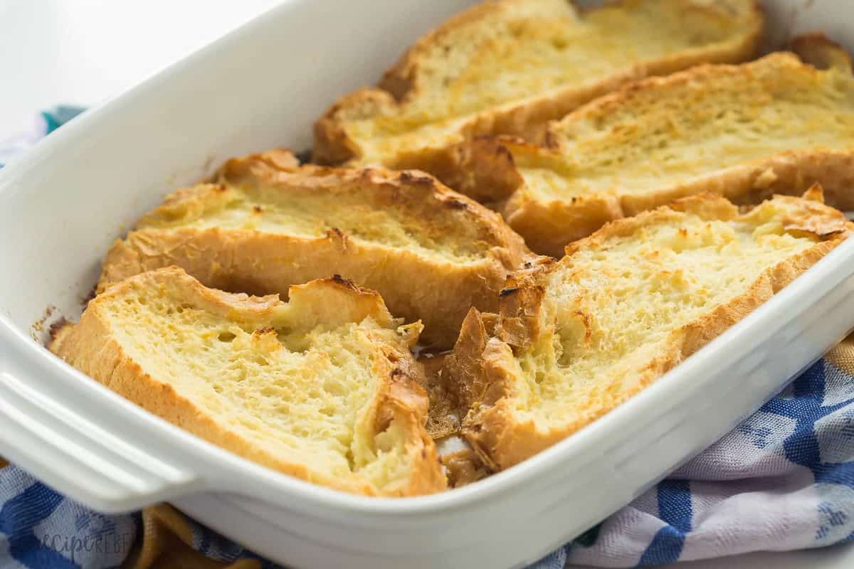 slices of french toast in white baking dish