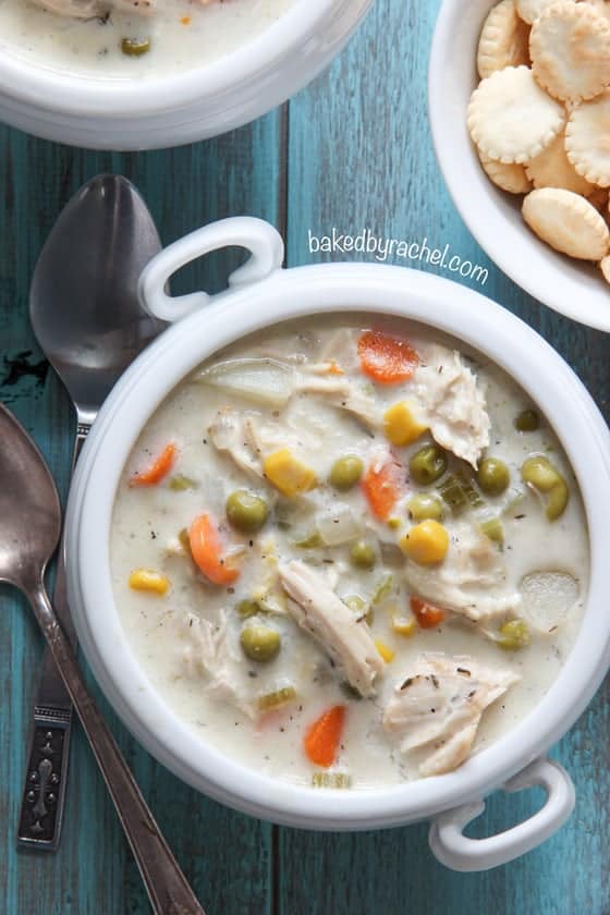 chicken pot pie soup in bowl overhead