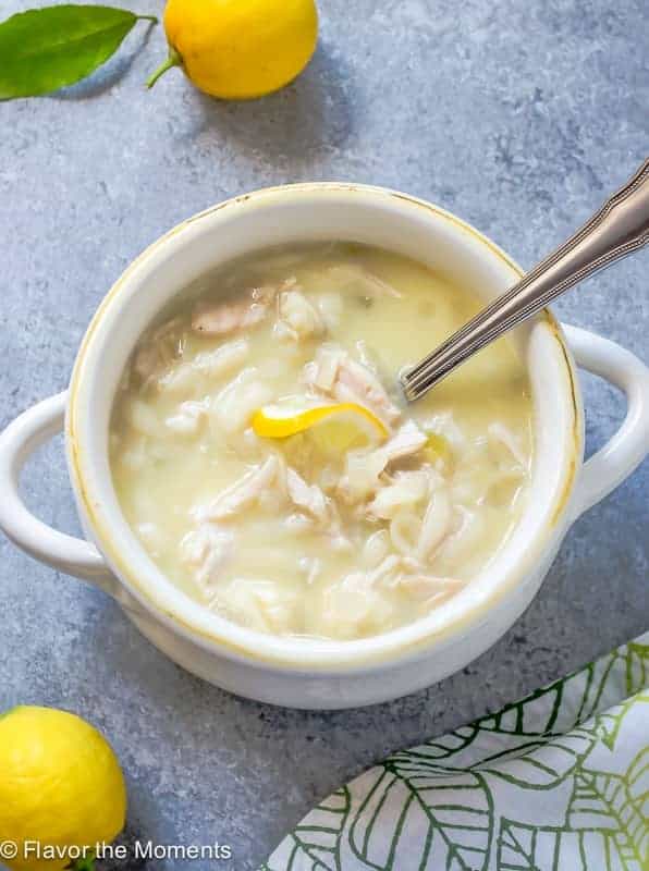 slow cooker lemon chicken soup in white bowl