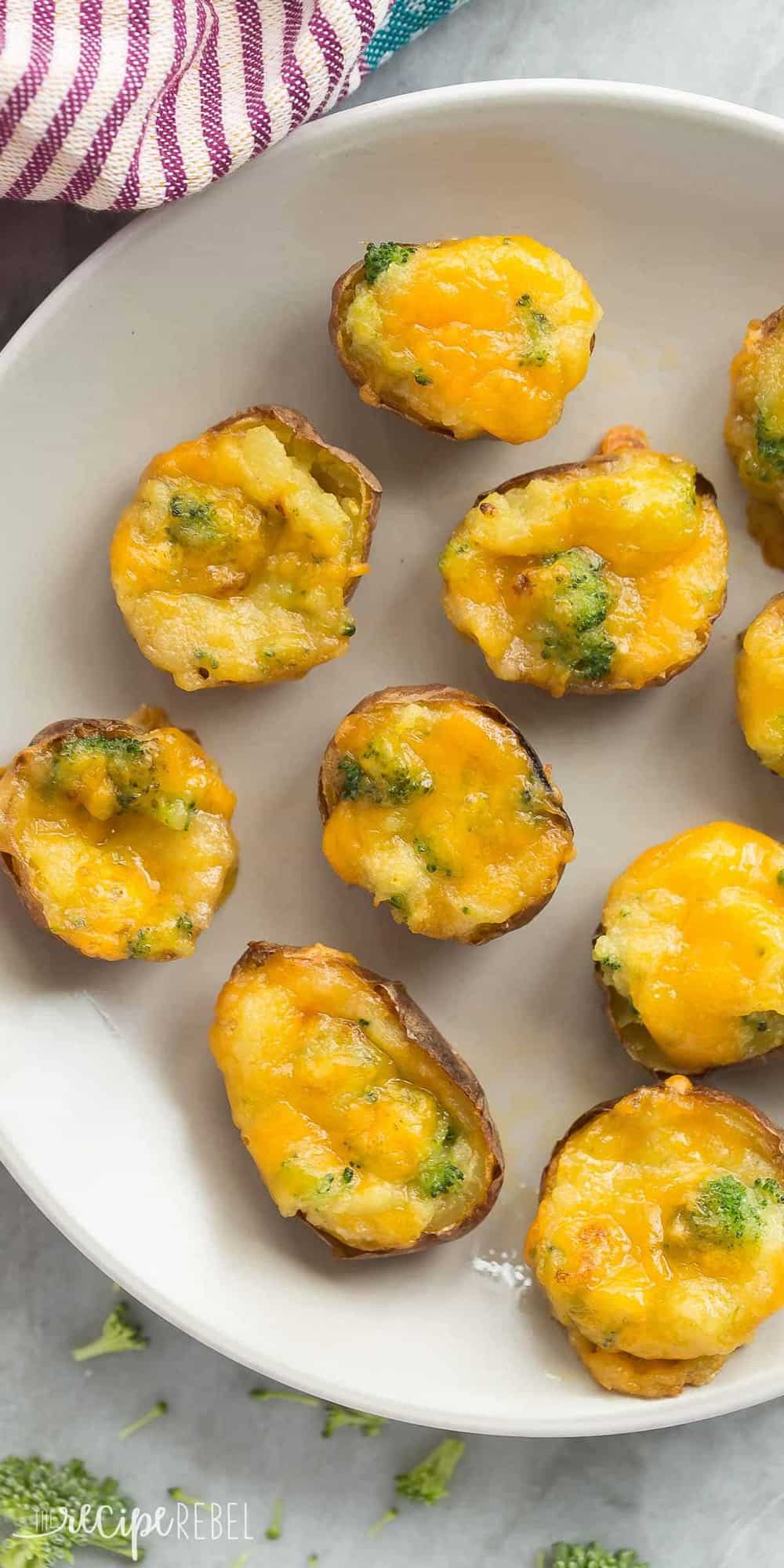 small broccoli cheddar twice baked potatoes overhead on grey plate