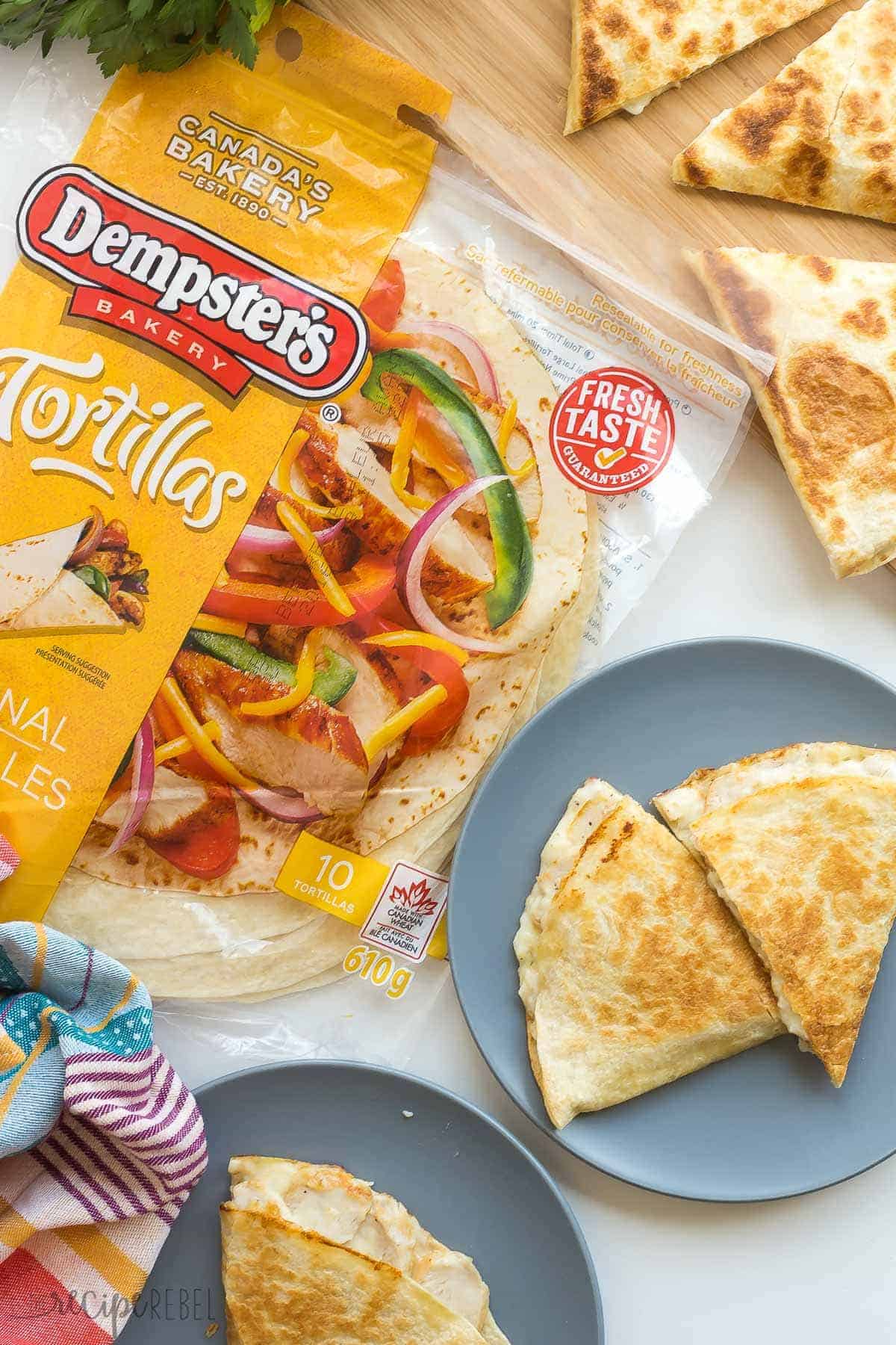 overhead image of chicken alfredo quesadillas with package of dempsters tortillas on the side