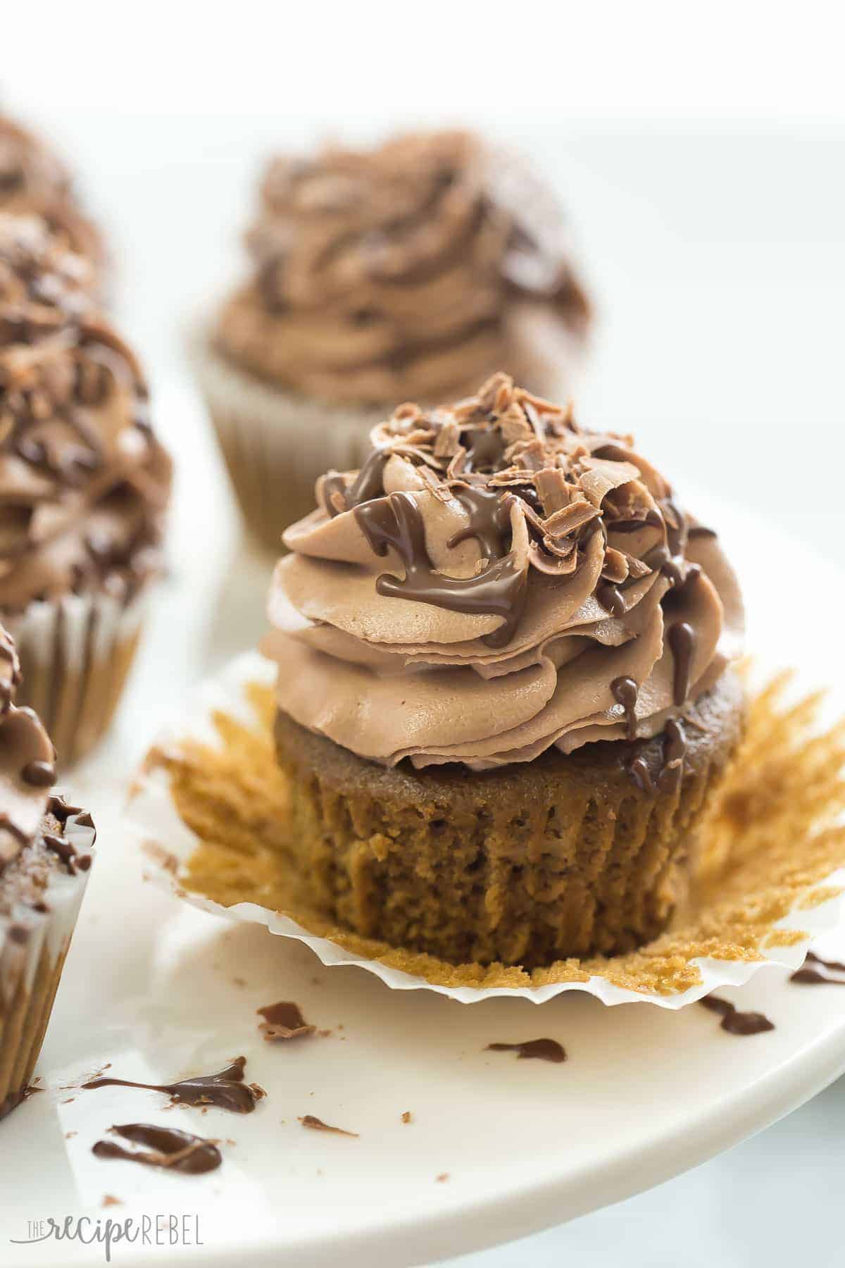 one mocha nutella cupcake on white plate unwrapped