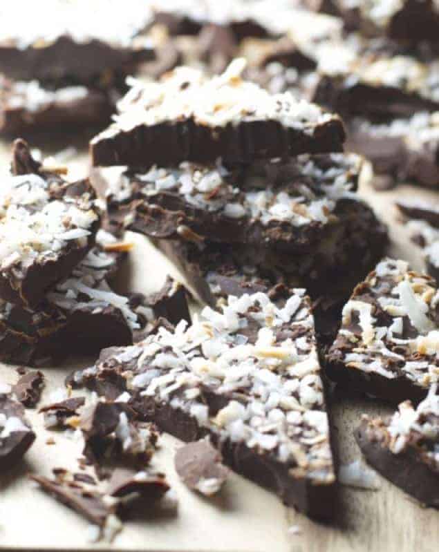 coconut mocha bark cut into triangle pieces and topped with shredded coconut