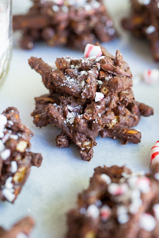 chocolate peppermint haystacks close up on white background