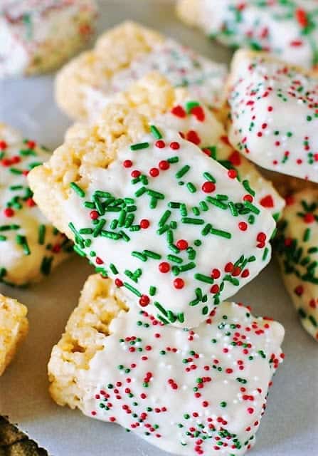 christmas white chocolate krispie treats with christmas sprinkles
