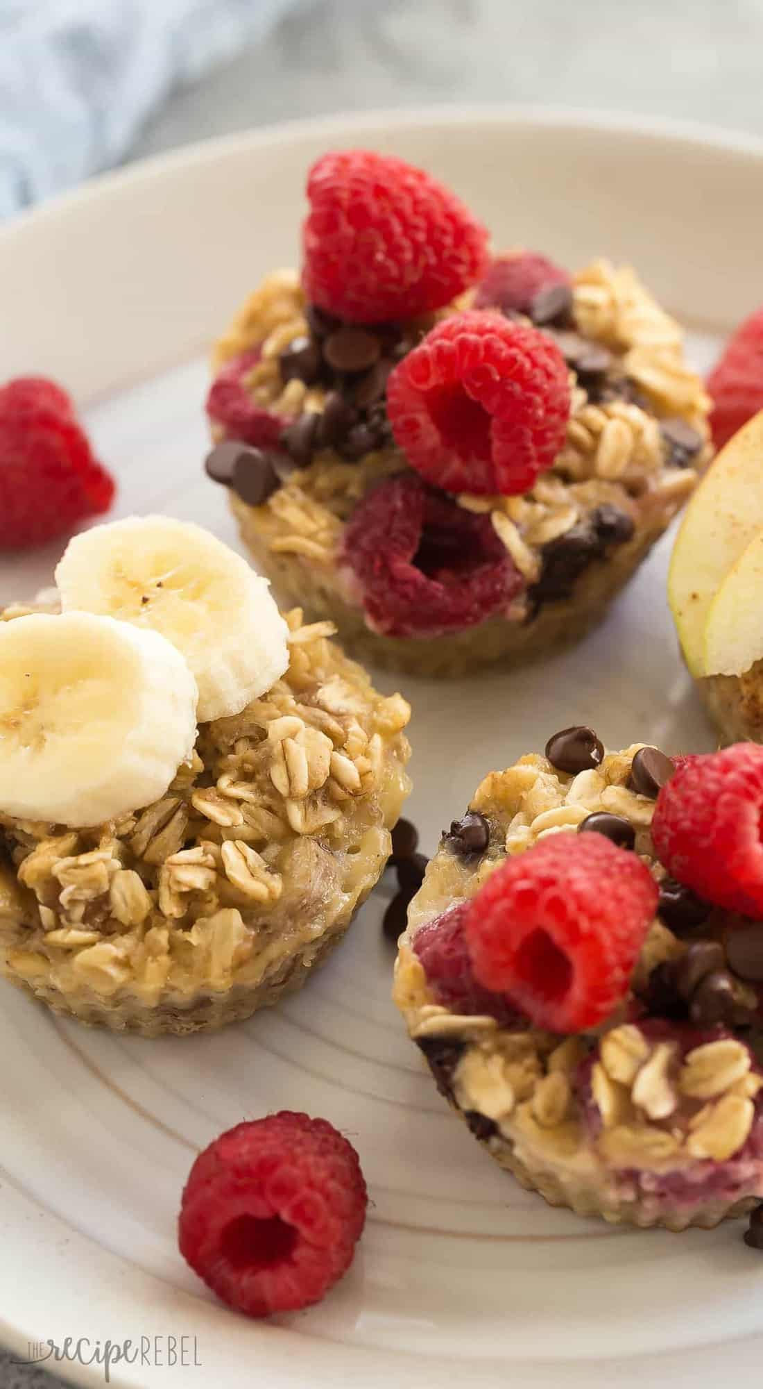 These easy baked oatmeal cups use only FOUR basic ingredients and they're perfect for breakfast, school lunches or snacks! Naturally sweetened, packed with protein, make ahead and freezer friendly with 3 different variations: raspberry chocolate chip, peanut butter banana and apple cinnamon.