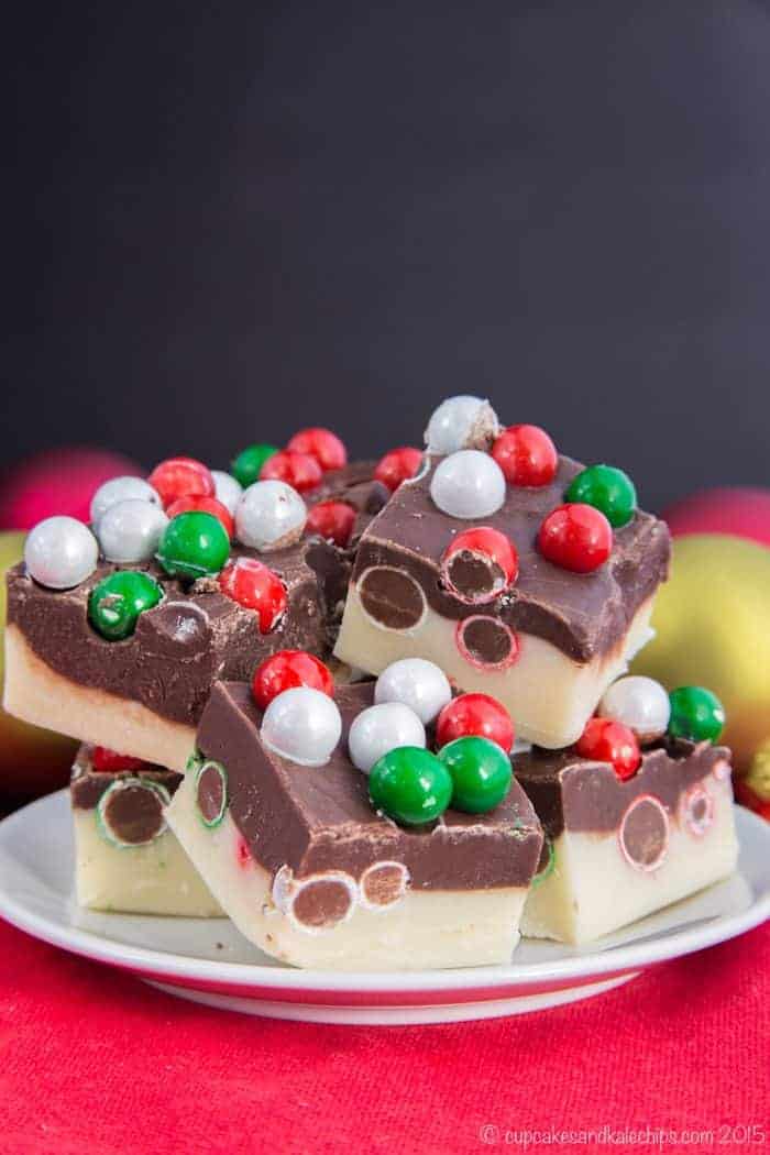 double chocolate christmas fudge with large christmas colored chocolate candies on top