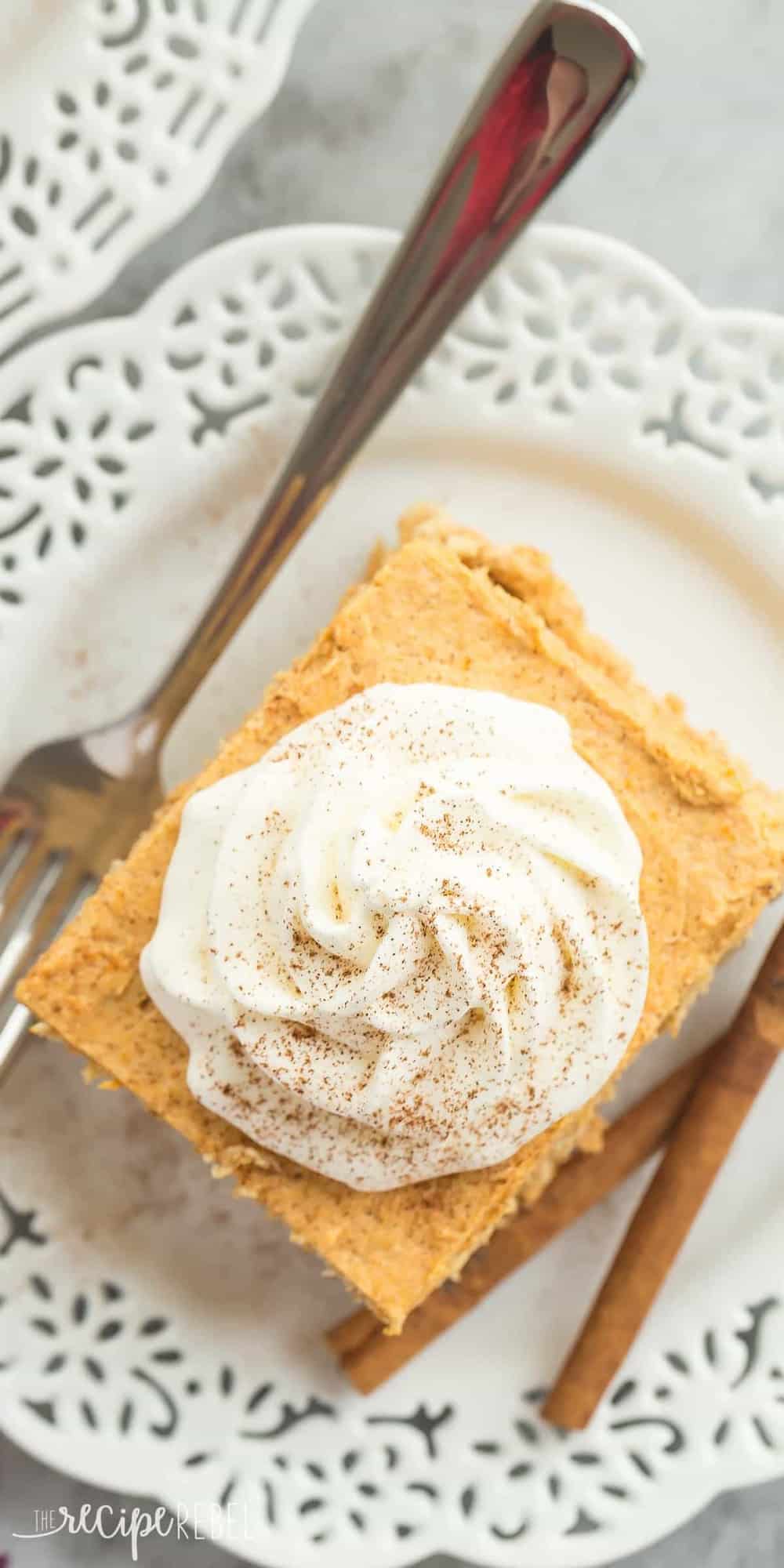 tall image of pumpkin pie icebox cake overhead on white plate