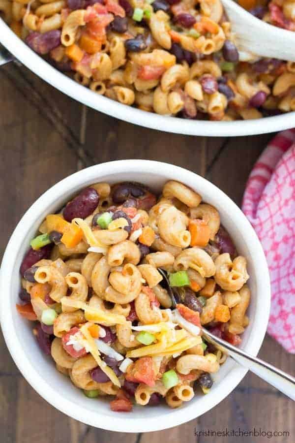 one pot vegetarian chili mac overhead in small white bowl