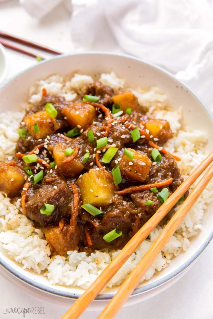 close up image of plate of mongolian beef on rice