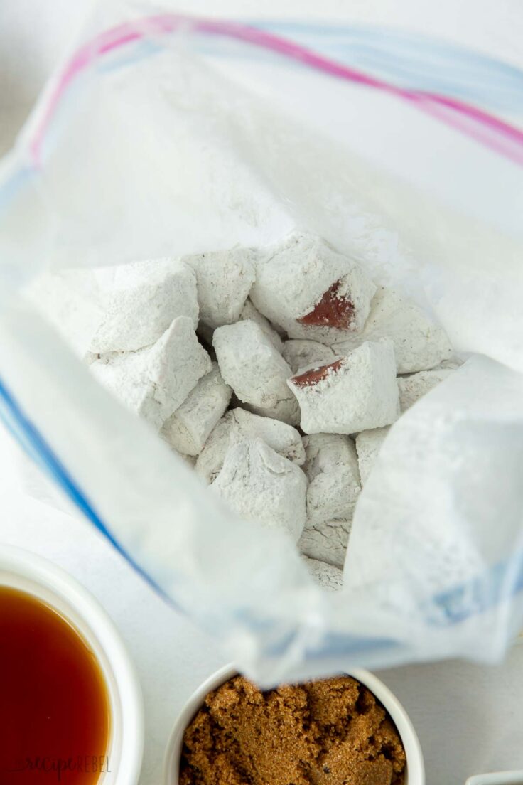 corn starch coated beef cubes in ziploc bag