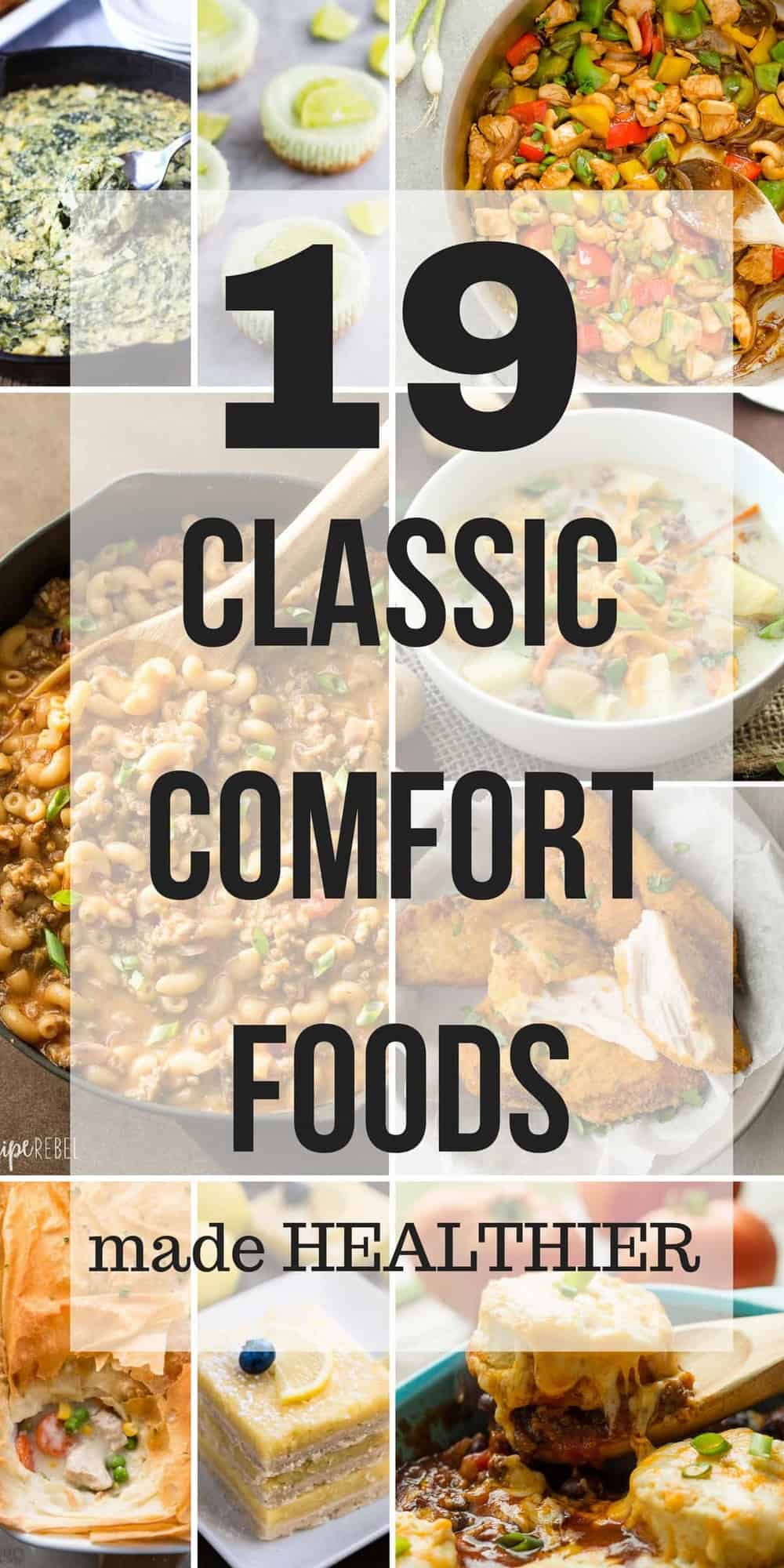 classic comfort foods made healthier collage with multiple images and text