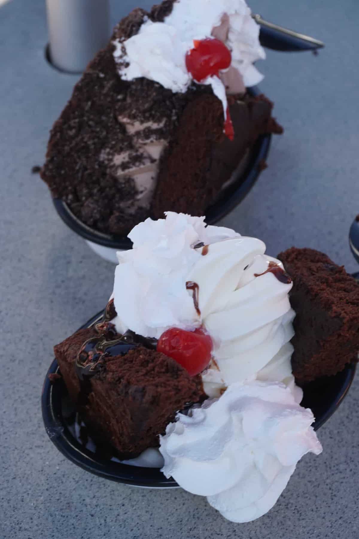 brownie ice cream sundaes with cherry on top at seaworld