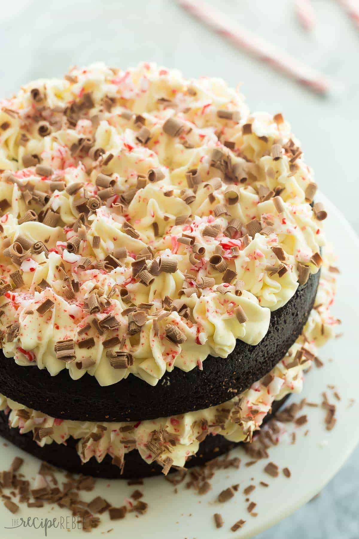 whole two layer chocolate cake with white frosting crushed candy canes and chocolate shavings