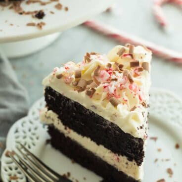 This Layered Double Chocolate Peppermint Cake has two super fudgy cake layers, a white chocolate whipped cream frosting and is loaded with crushed candy canes and chocolate shavings! This is THEE Christmas dessert!