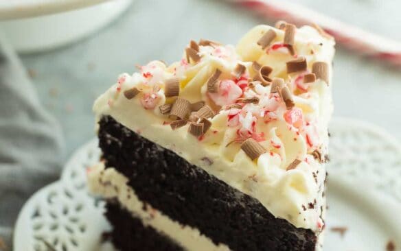 This Layered Double Chocolate Peppermint Cake has two super fudgy cake layers, a white chocolate whipped cream frosting and is loaded with crushed candy canes and chocolate shavings! This is THEE Christmas dessert!