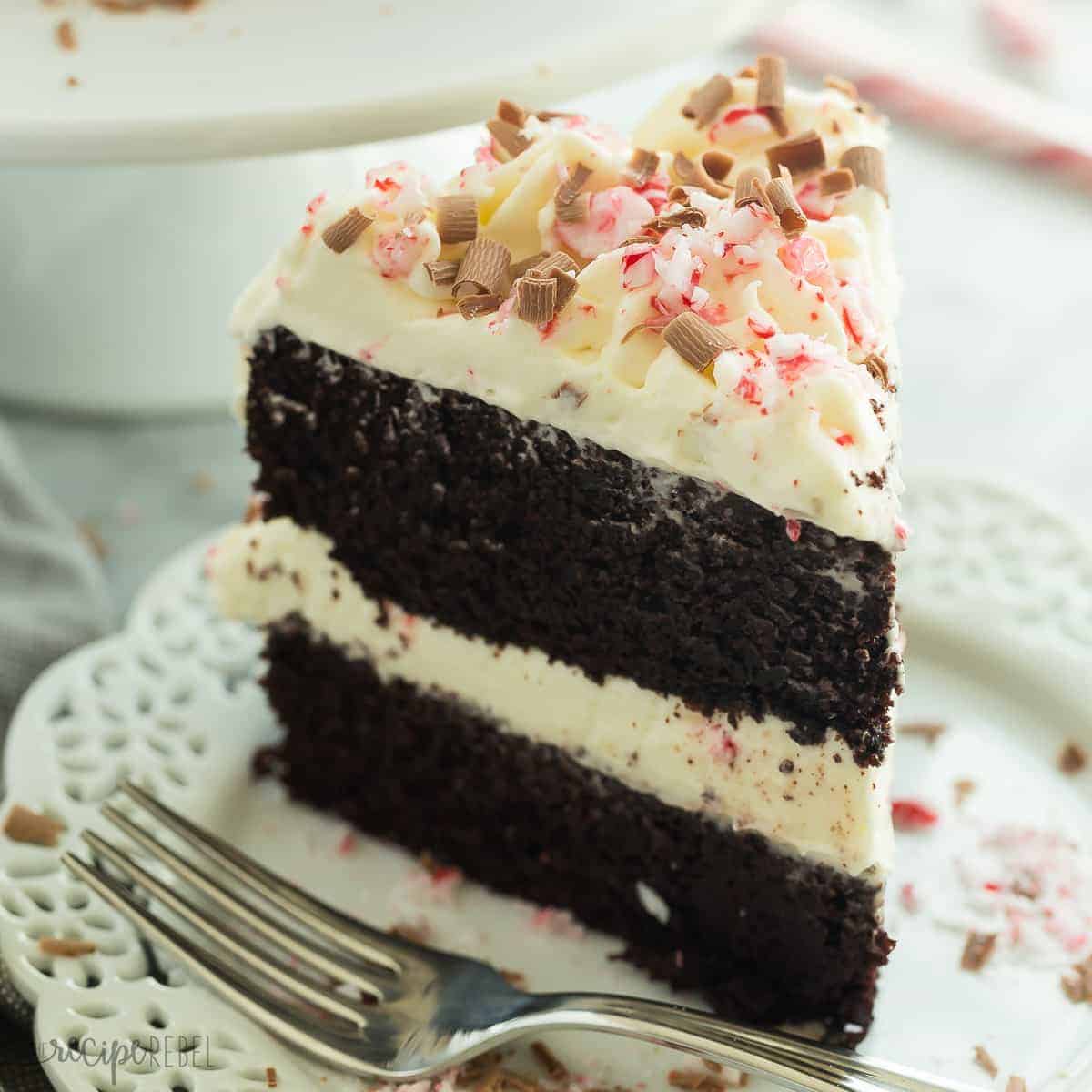 square image of slice of double chocolate peppermint cake on white plate