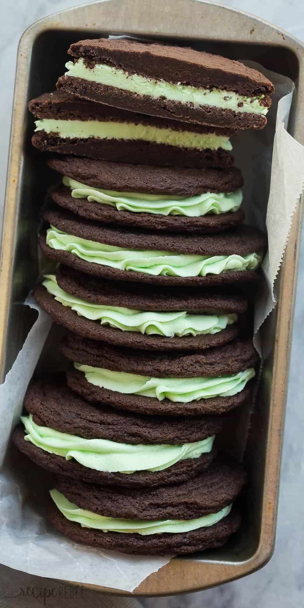 tall image of mint chocolate sandwich cookies lined up in a loaf pan