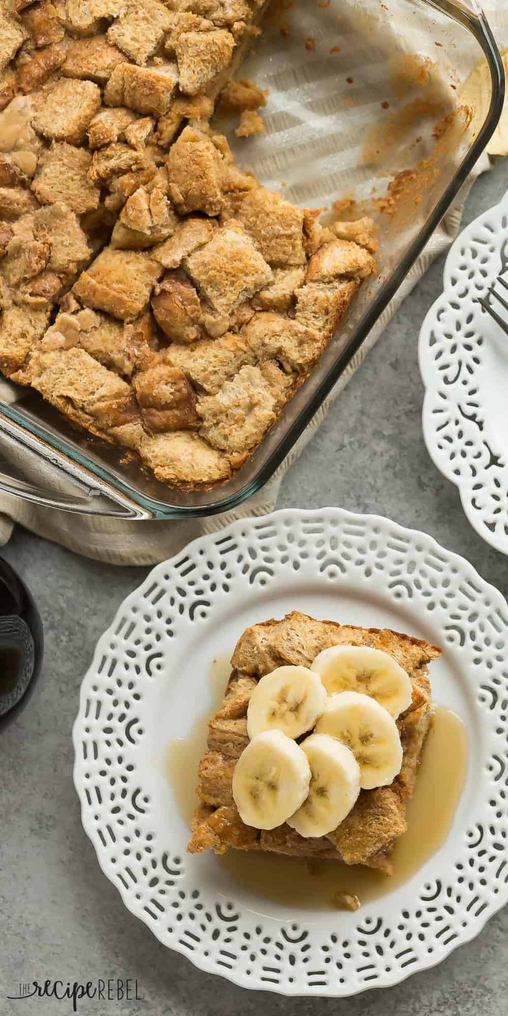 tall image of overnight peanut butter french toast with one piece on white plate