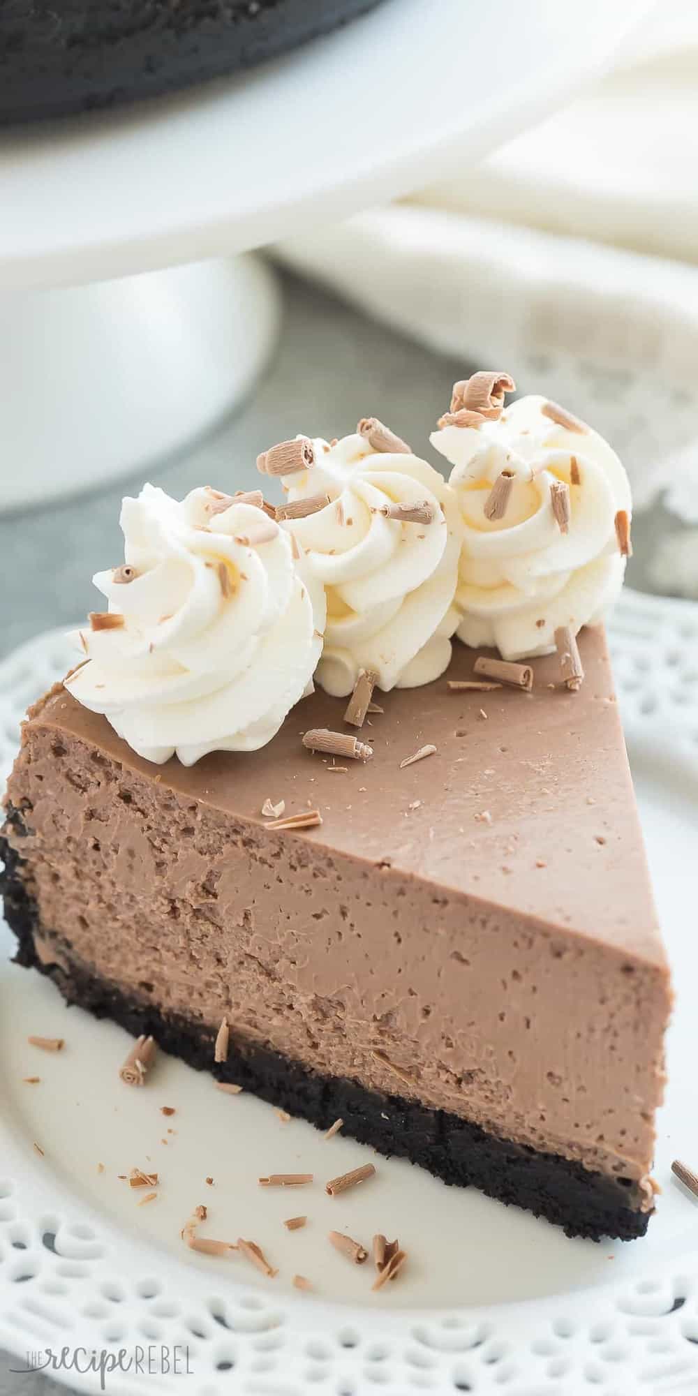 This is the BEST Chocolate Cheesecake! It's perfectly rich, creamy (with the help of Greek yogurt), and bakes up with no cracking and no water bath needed. This is the easy way to perfect baked cheesecake!