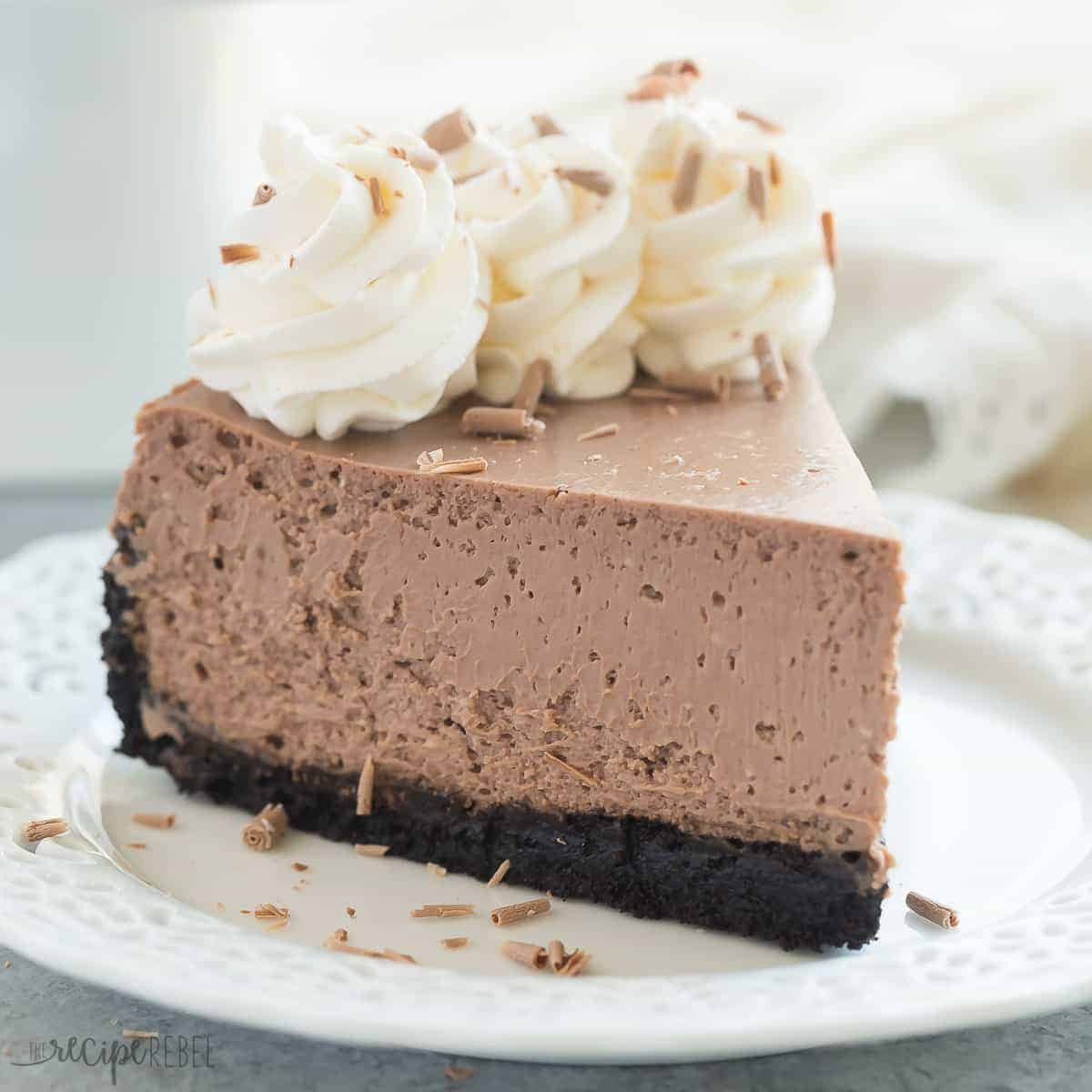 This is the BEST Chocolate Cheesecake! It's perfectly rich, creamy (with the help of Greek yogurt), and bakes up with no cracking and no water bath needed. This is the easy way to perfect baked cheesecake!