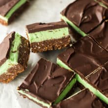 close up of mint chocolate bars on wax paper