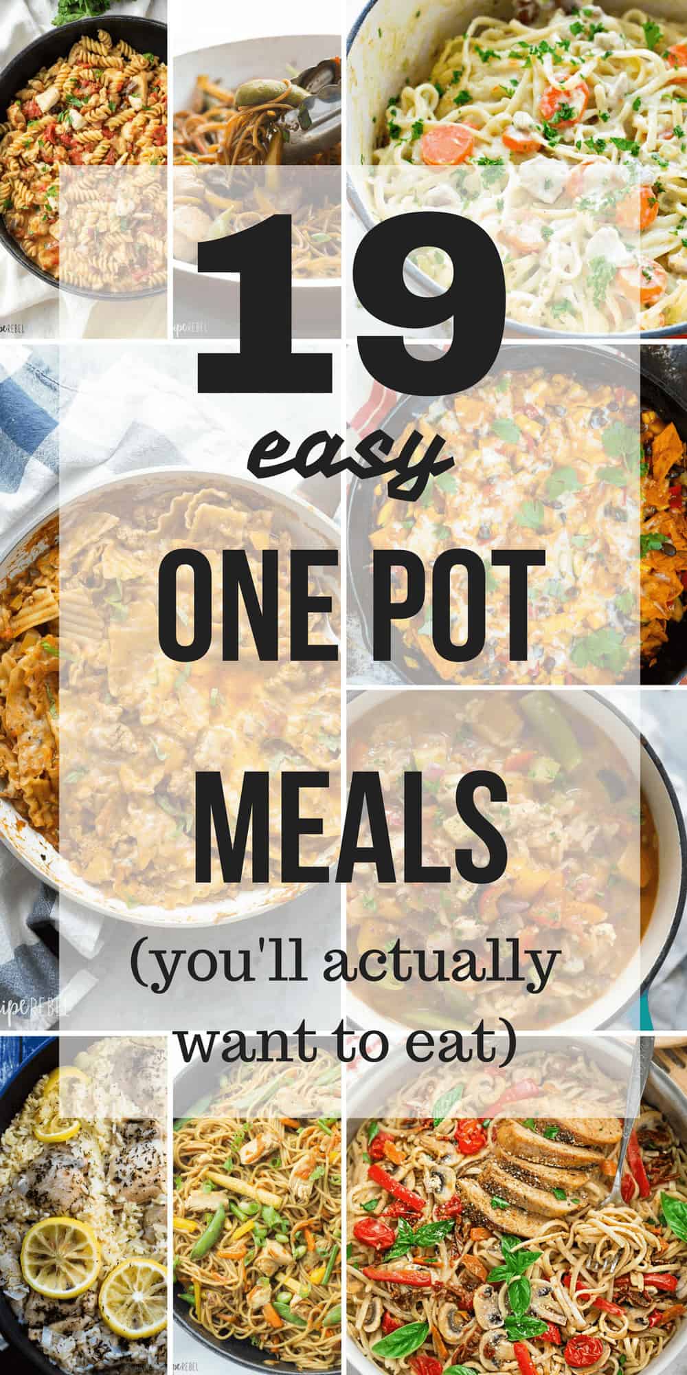 collage of multiple images of one pot meals with text