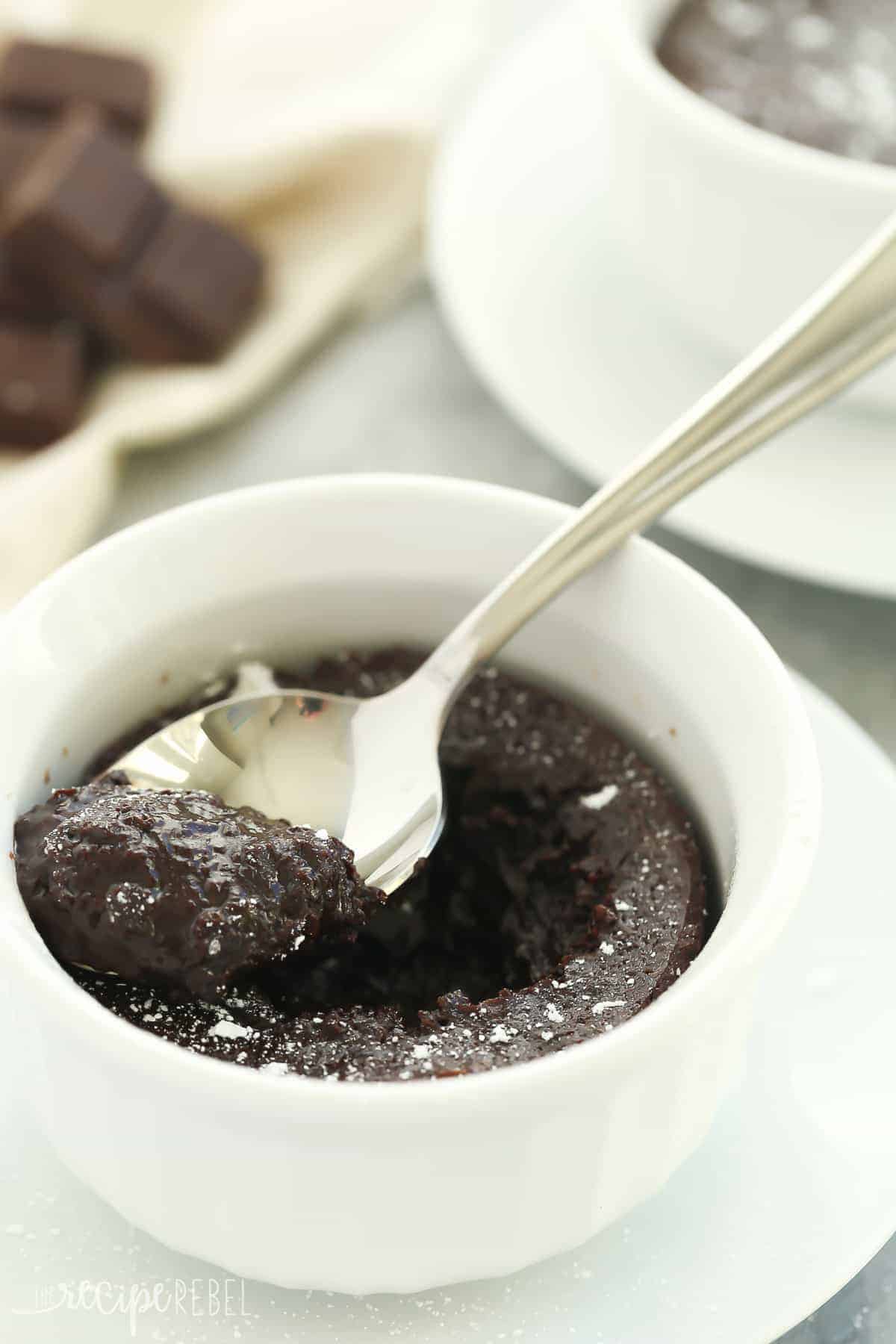 This Individual MELTING Chocolate Cake is life-changing! They come together with minimal prep, can be baked or microwaved and best of all -- that gooey, melty chocolate center! Don't forget the scoop of ice cream. A carnival copycat individual melting chocolate cake carnival copycat in white ramekin