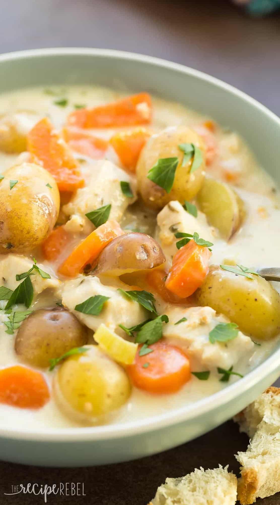 Garlic Parmesan Chicken Stew close up in a pastel bowl