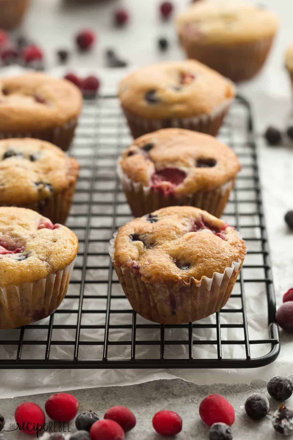 fruit explosion muffins lined up on black cooling rack with berries in the background