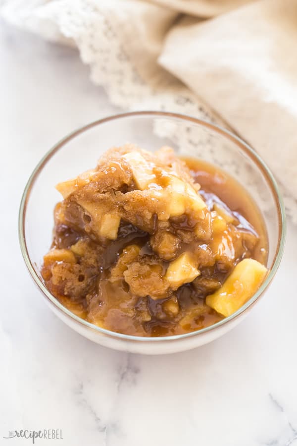 clear glass bowl of apple pudding cake